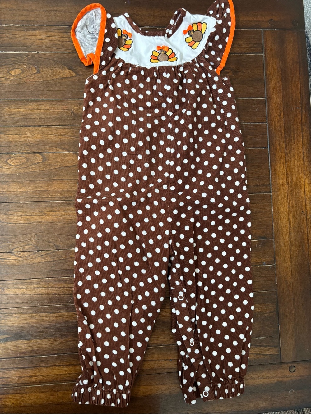 Cactus Brown Polka Dot Romper with Orange Trim and Turkey Appliqué